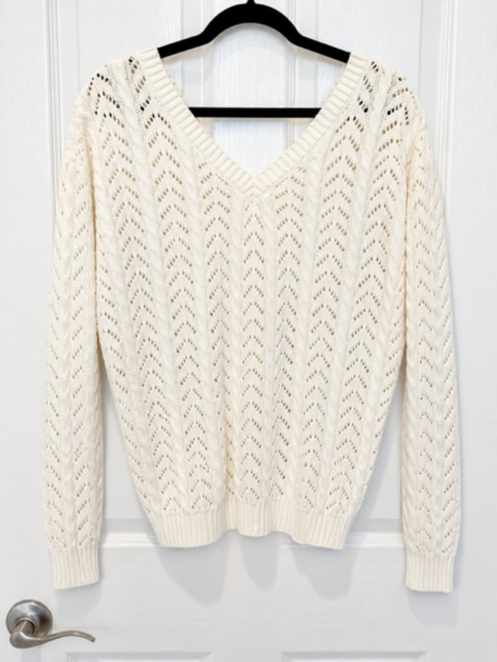 Francesca’s Miami Cream Open Knit Twist Back Sweater Size Large Cottagecore